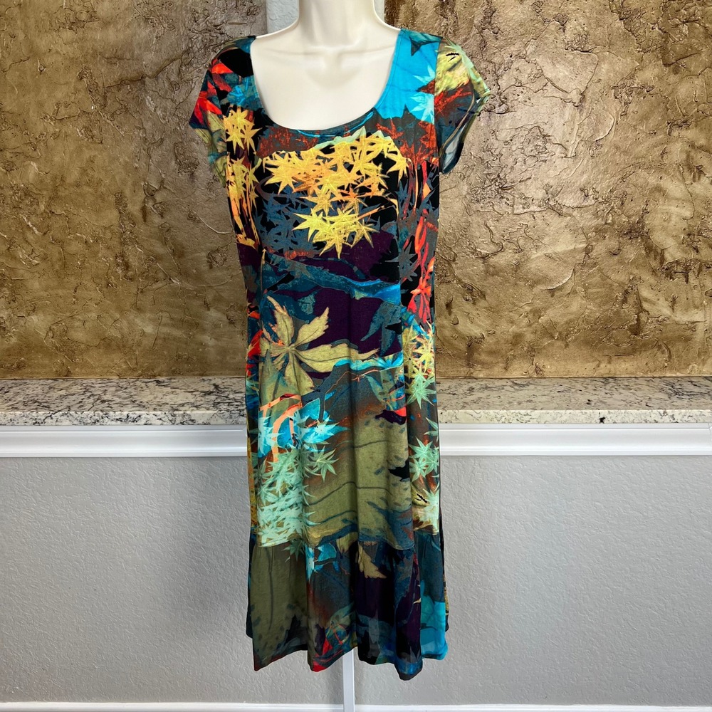 Peruvian Connection  Dress Medium Multicolor Tropical Floral Stretch